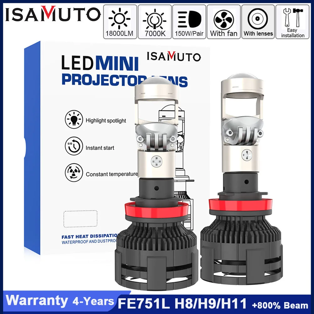 Фото ISAMUTO FE751L Светодиодная фара H8 H9 H11 PGJ19-2 с линзовым вентилятором 12-35 В 130 Вт 7000 К 18000 лм Белая автомобильная лампа + 800% яркость (пара) №1