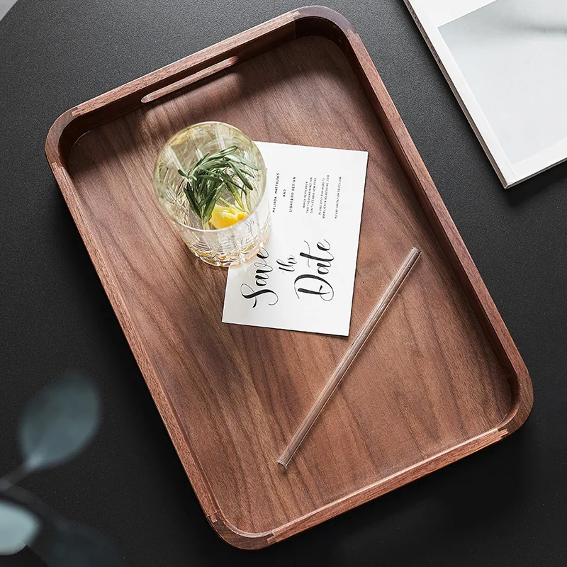 

Japan Style Black Walnut Storage Tray Rectangle Natural Wood Tea Tray with Handle Multi-Function Home Use Serving Tray