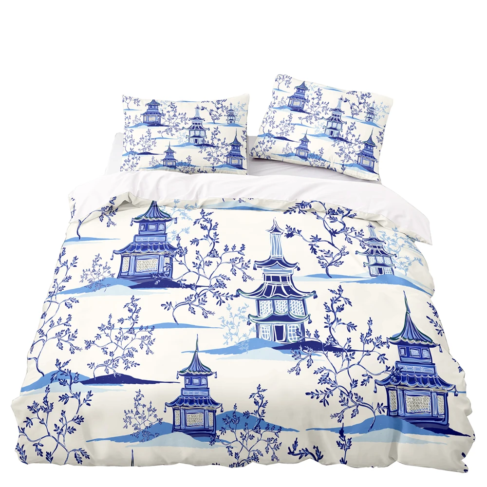 

Chinoiserie Blue Bedding Set Ancient Pavilion Print Duvet Cover Soft Bedclothes 2/3pcs Blue White Porcelain Double Queen Size