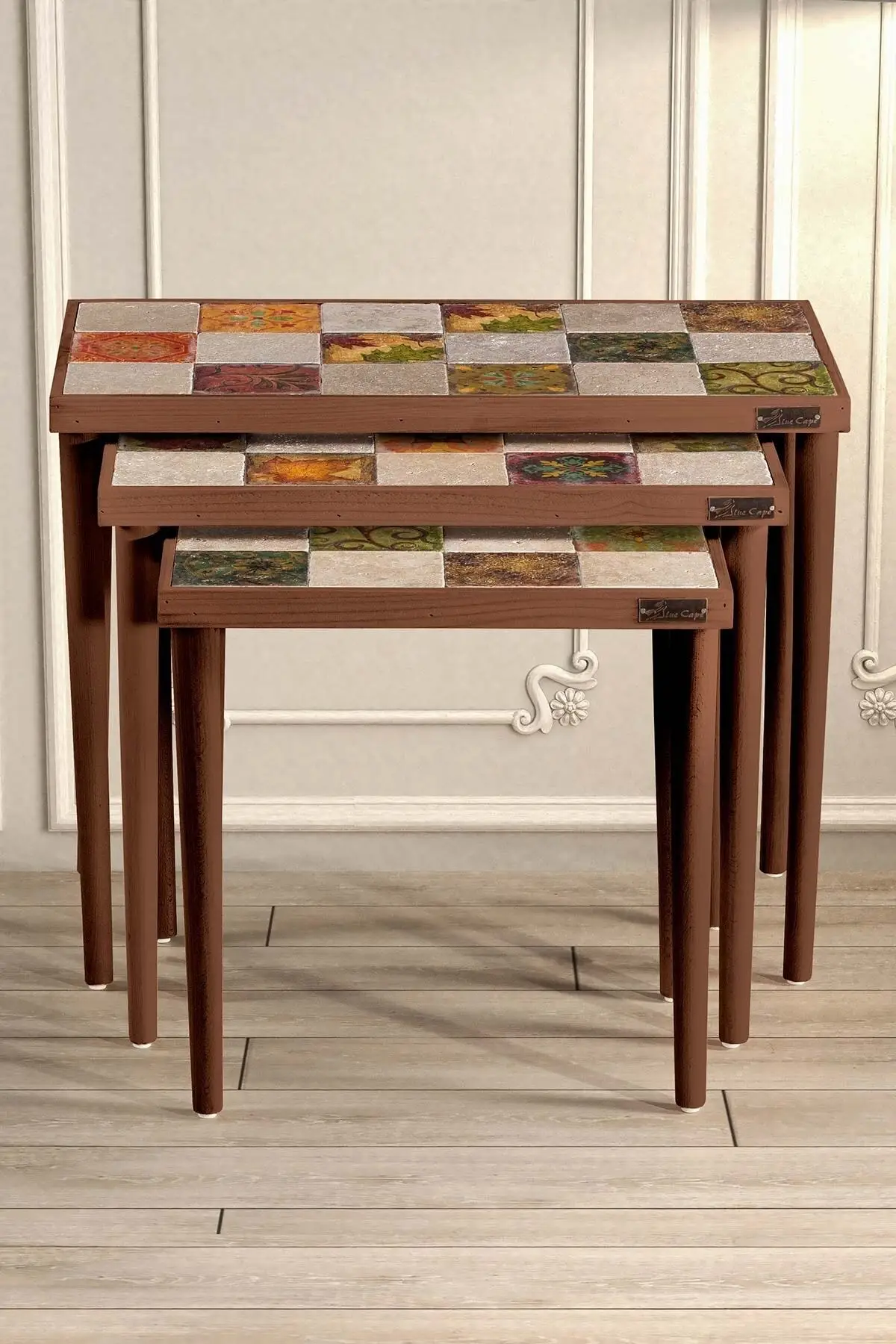 

Rustic Style Coffee Table First Quality Travertine Stone Walnut Natural Wood 3-Set Nesting Table