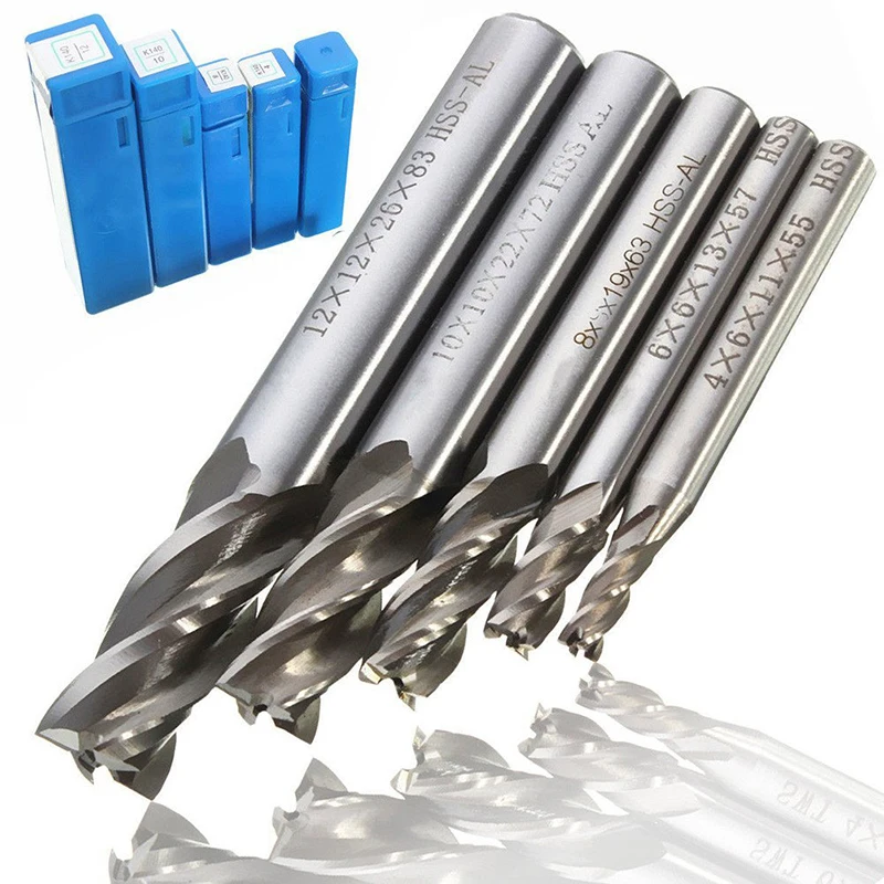 

5 Pcs HSS CNC Straight Shank 4 Flute End Mill Cutter Drill Bit Tool 4/6/8/10/12m High Speed Steel Metal Cutter
