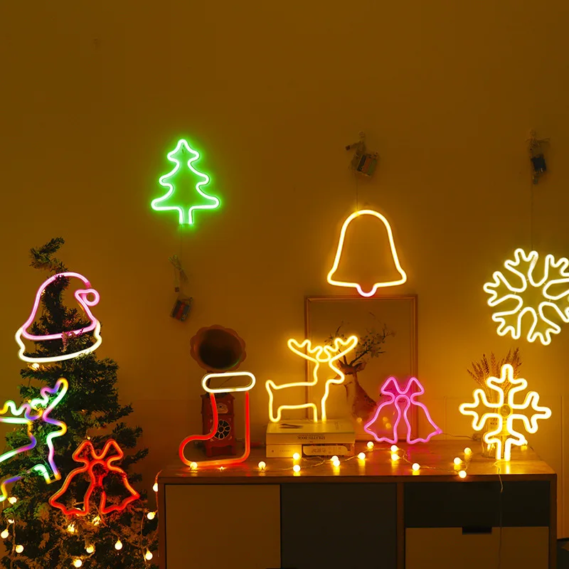 

Merry Christmas LED Neon Sign Light Snowflake Bells Stars Christmas Tree Decorations Ornaments for Home Party Neon Lamp Gifts