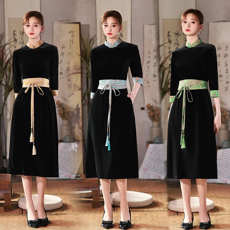 FZSLCYIYI Elegant Mandarin Collar Three Quarter Sleeve Velour A-Line Qipao Ladies Wedding Cheongsam