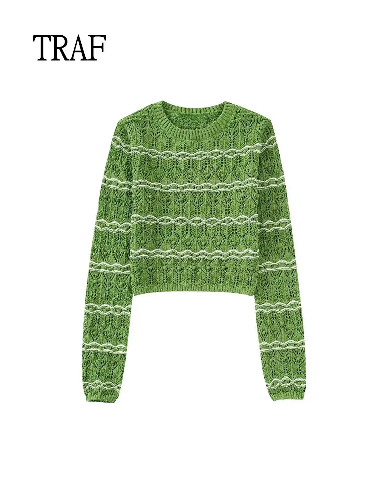 

Женский короткий вязаный свитер в полоску, с длинным рукавом