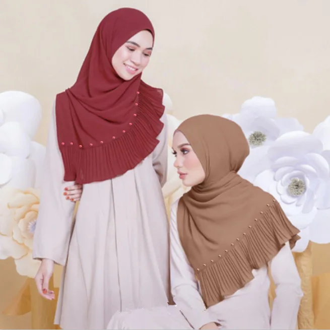 Women's Spring and Summer Muslim Pearl Chiffon Shirring Women's Gauze Solid Nailed Pearl Wrinkle Splice Tissue