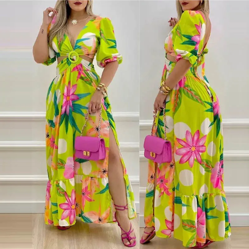 

Vintage Print V-Neck Fashion Split Long Dress Women 2022 Summer New Short Sleeve Hollowed Out High Waist Bohemian Maxi Dresses