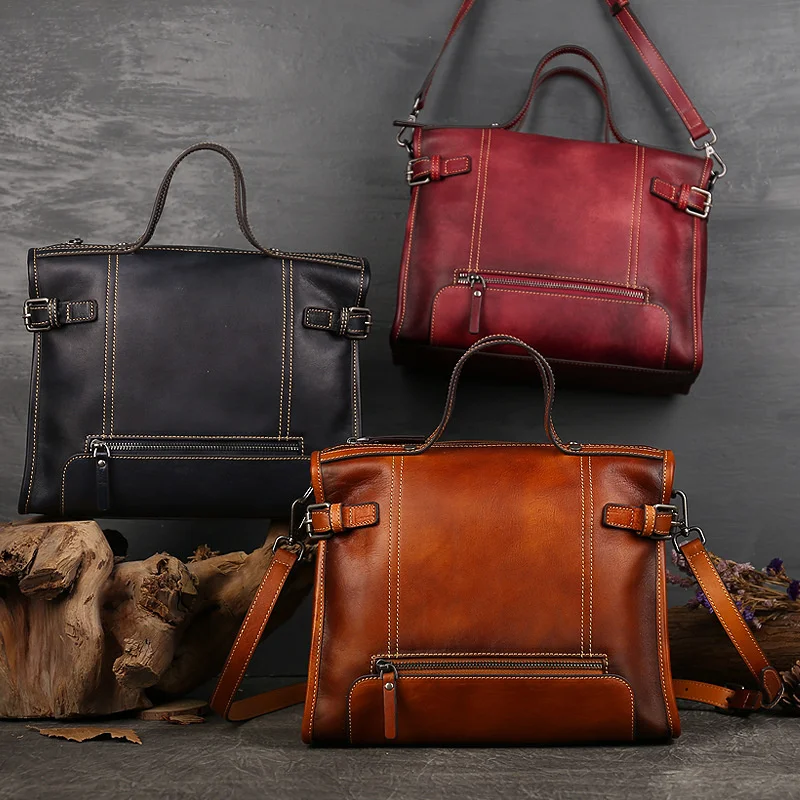 

2022 new top layer Cow Leather Messenger Shoulder Bag Leather Large Capacity doctor's bag top layer cow leather square bag women