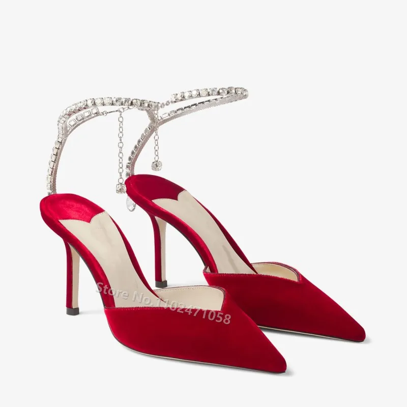 

2023 Summer Sandals for Women Sexy Pointed Toe Diamond Rhinestone String Bead Women Pumps Thin Heels Ankle Strap Hight Heels