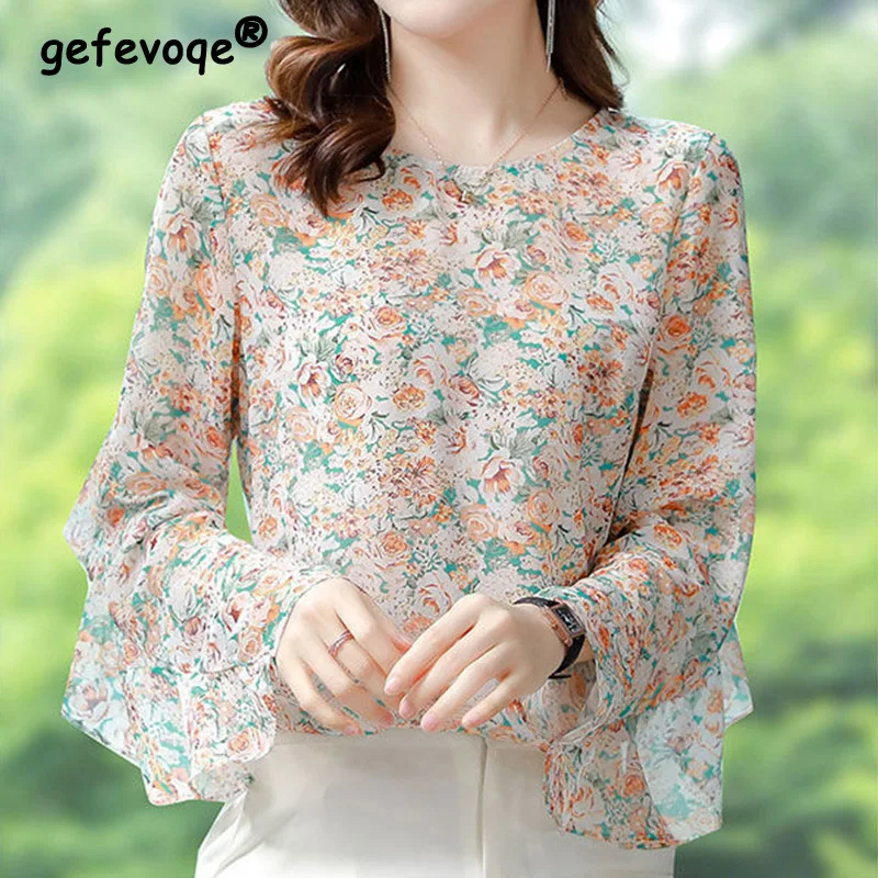 

Spring Autumn Fashion Broken Flower Printed Blouse Women's Clothing Round Neck Korean Elegant Ruffles Loose Long Sleeve Shirt