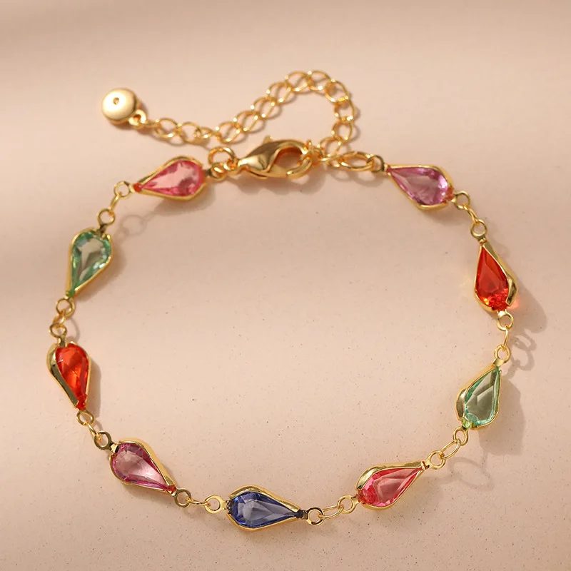 

Candy Rainbow Color Crystal Glass Beads Water Drop Shape Bracelets Gold Plated Brass Chain Bangle Jewelry Cuff Metalic Summer