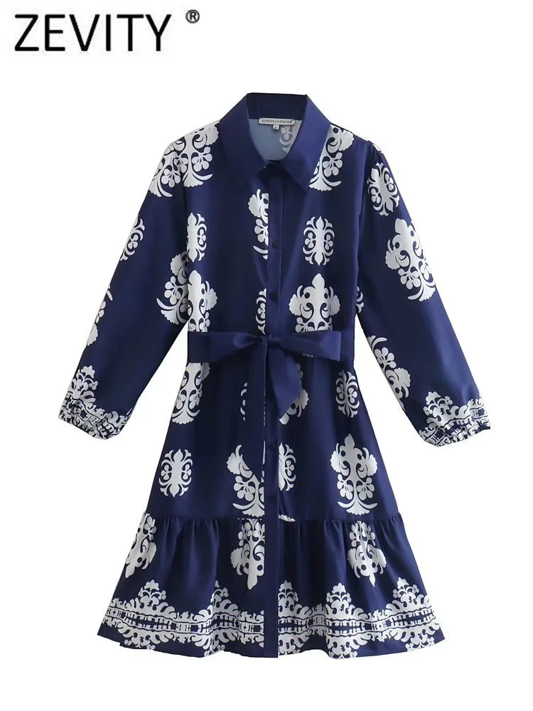 

Zevity Women Vintage Position Court Floral Print Mini Shirt Dress Office Lady Chic Hem Pleat Ruffles Sashes Vestidos Mujer DS666