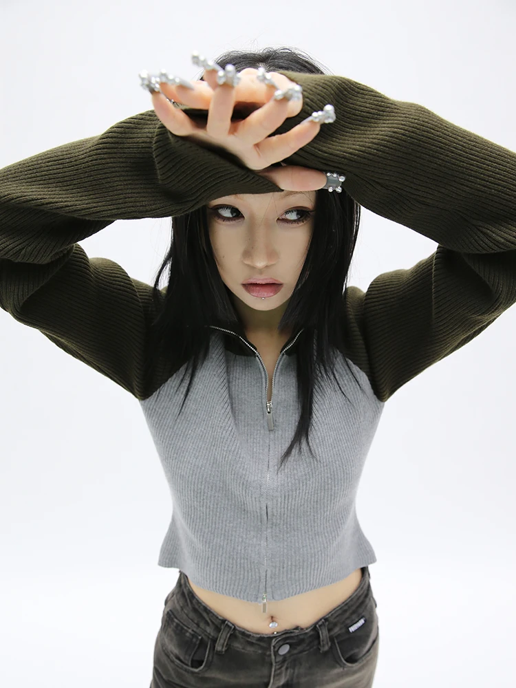 

Grunge Patchwork Turtleneck Cardigans Vintage Knitted Coat Gothic Harajuku Ribbed Knitwear Korean Fashion Streetwear Y2k Sueter