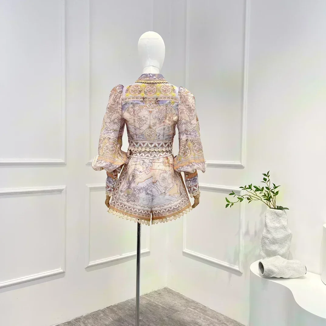 Льняной шелк винтажная блузка и шорты на шнуровке с длинными рукавами-фонариками