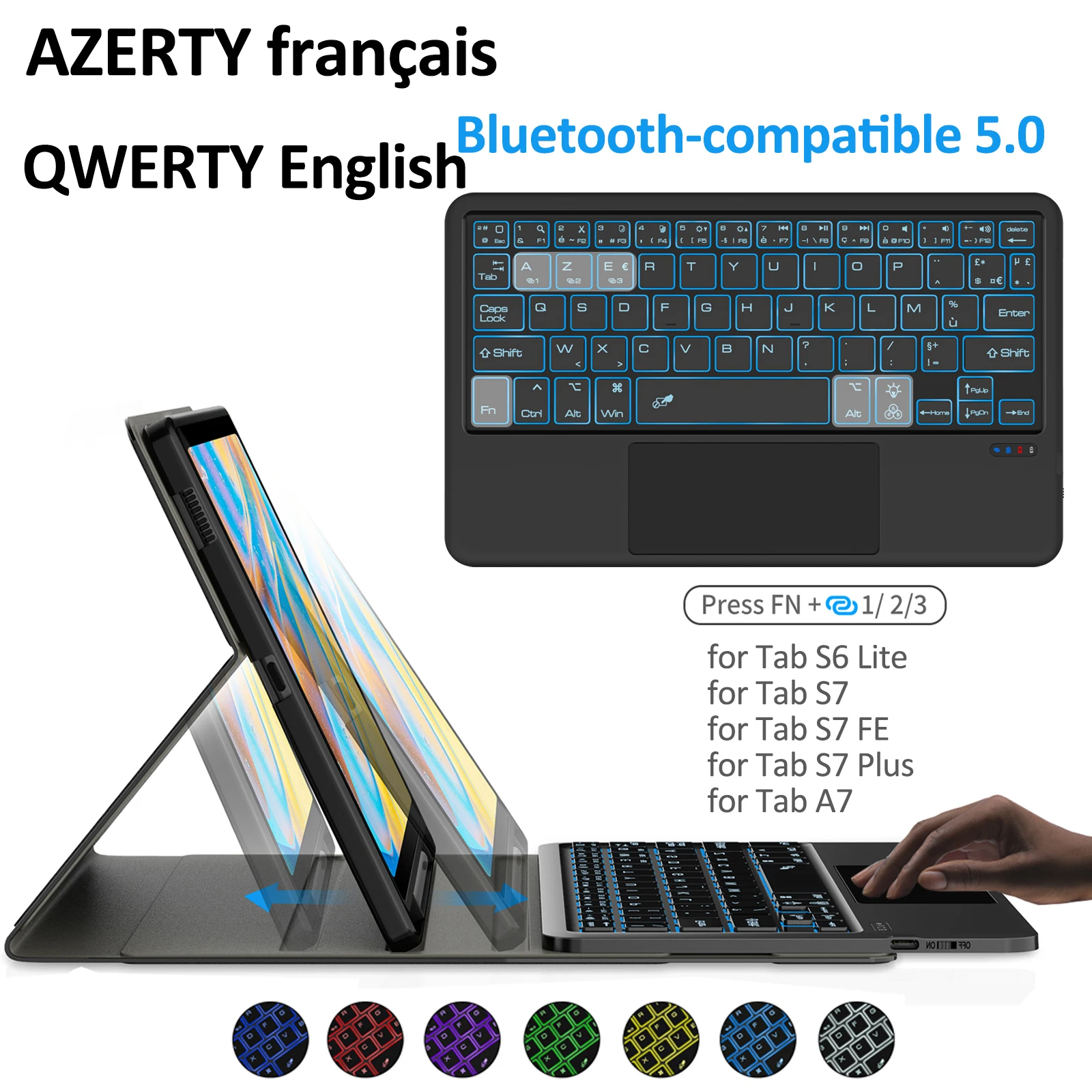 

AZERTY French Keyboard Case for Samsung Galaxy Tab S6 Lite Cover BT 5.0 for Galaxy A8 A7 S7 FE Plus Trackpad 7 Colors Backlight