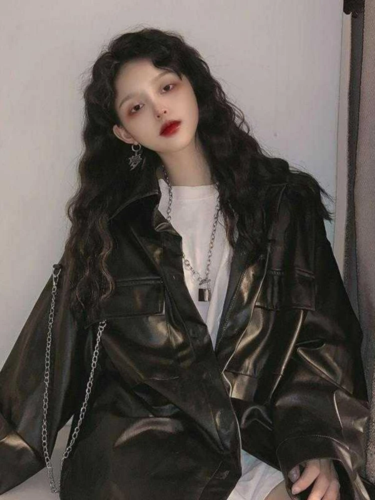 Autumn Black Women's Motorcycle Leather Jacket Korean Fashion Loose Thin Casual Biker Coat Outerwear Ladies Streetwear Chic Top