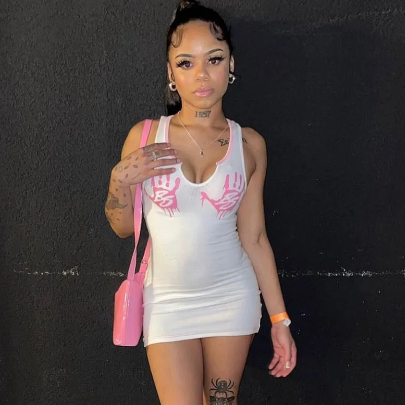 Мини-платье CUTENOVA с ручным принтом женское модное Ребристое платье без рукавов