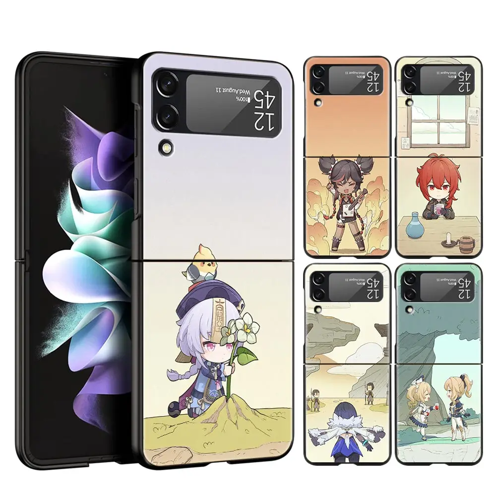 

For Samsung Galaxy Z Flip 3 4 5G Hard Black Folding PC Phone Case Genshin Impact klee Sayu Qiqi xiao For Samsung Z Flip3 Cover