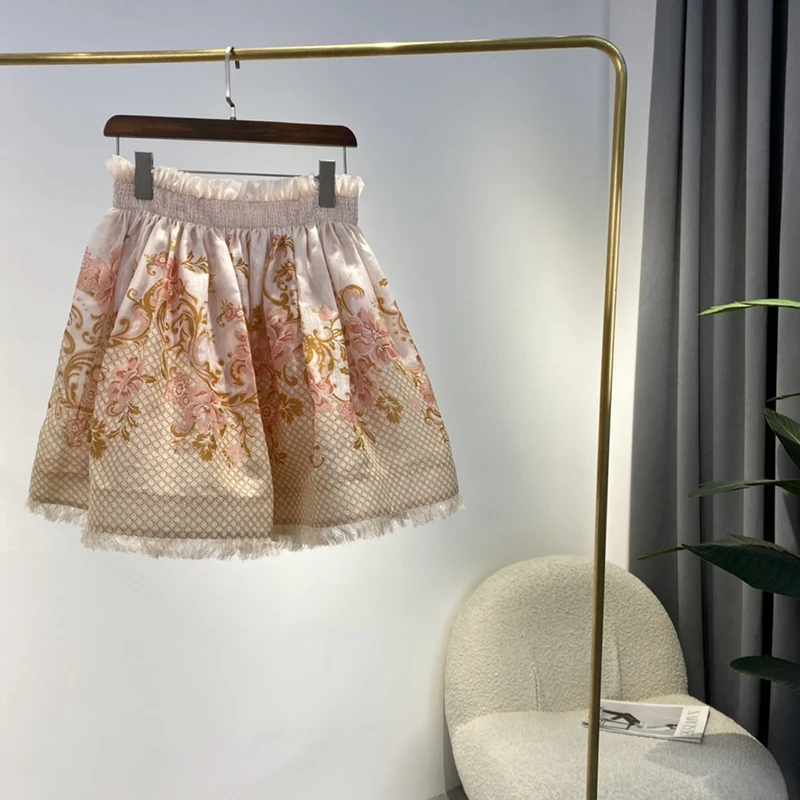 

Женская мини-юбка с высокой талией, розовая шелковая льняная мини-юбка с цветочным принтом и кисточками, весна 2022
