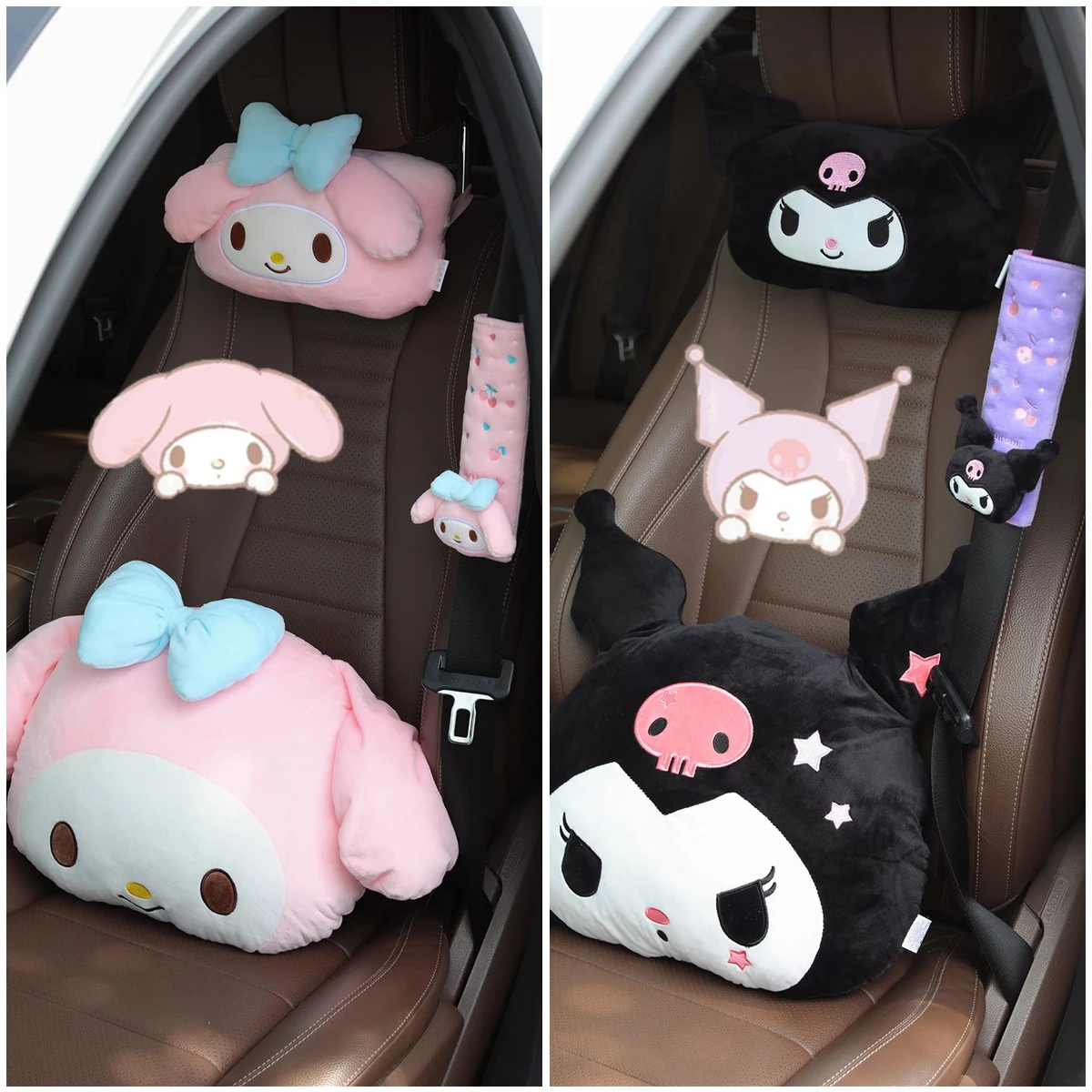 

Soft Cute Kuromi Car Headrest Safety Seat Belt Cover Kawaii Japanese Style Back Cushion Plush My Melody Car Decoration Gifts