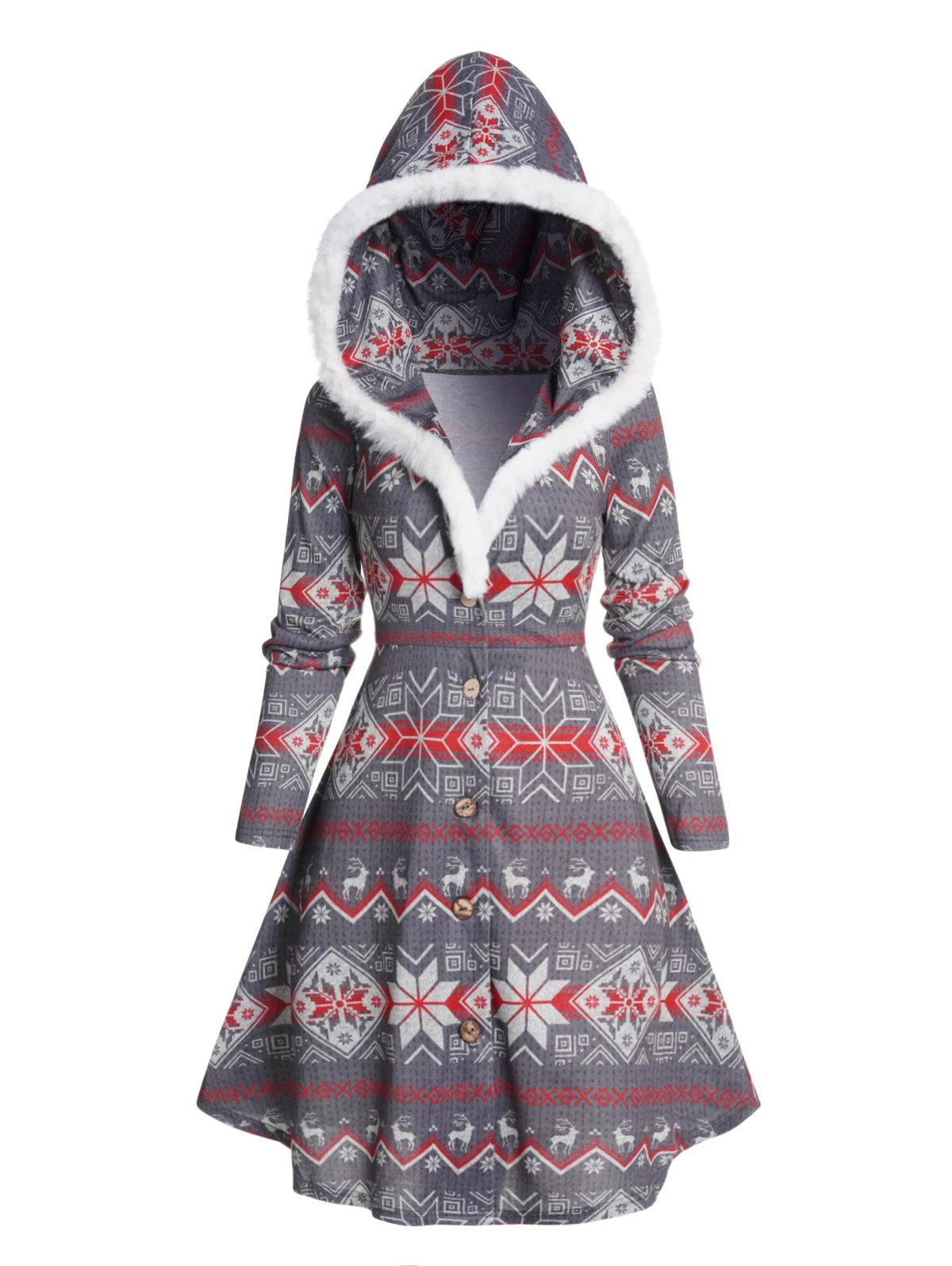 

Christmas Hooded Coat New In Outwears Zig Zag Snowflake Printed Faux Fur Full Sleeve Button Up Long Coat For Women Winter