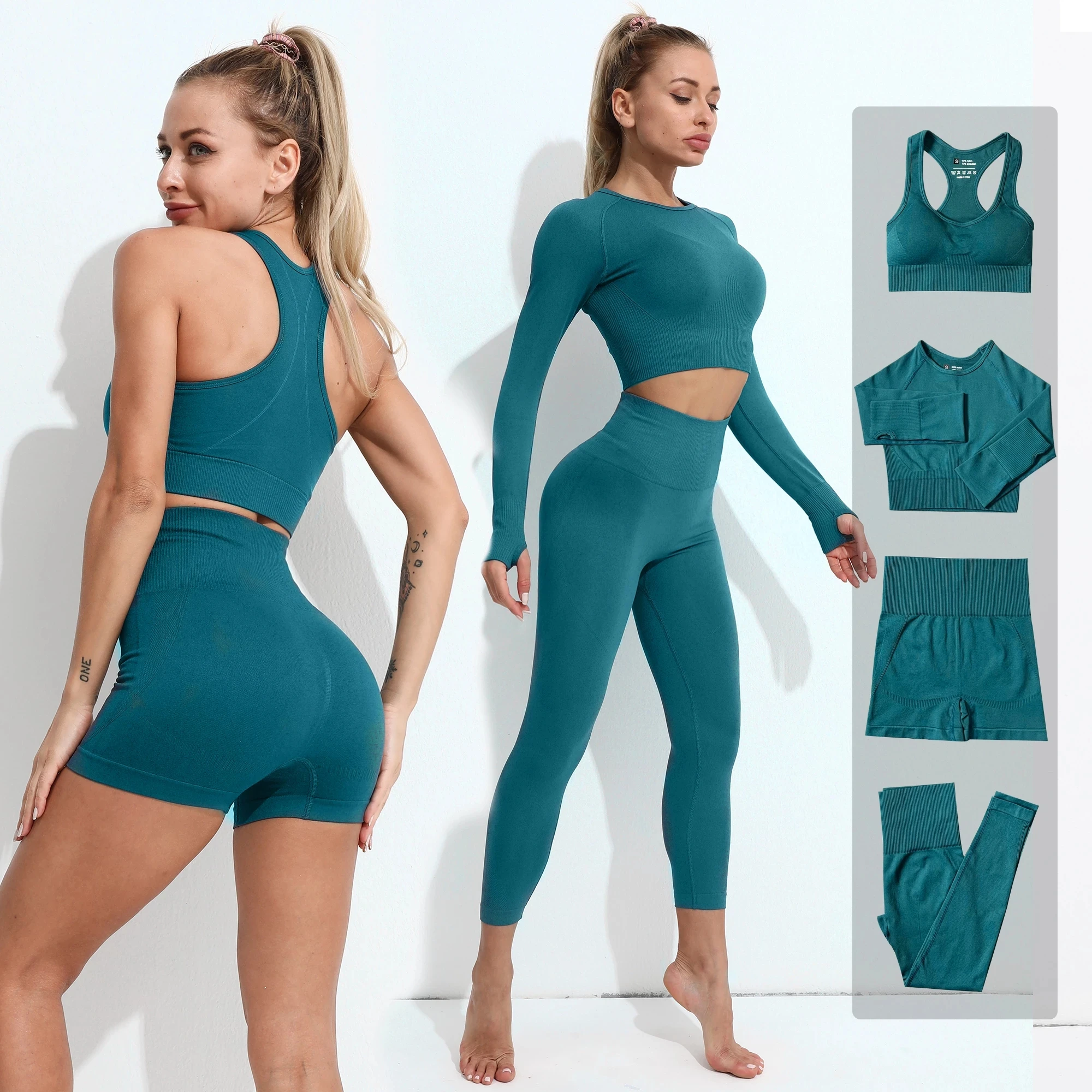 

2022Seamless Women Yoga Set Workout Sportswear Gym Clothes Fitness Long Sleeve Crop Top High Waist Leggings Sports Suit 2/3/4PCS