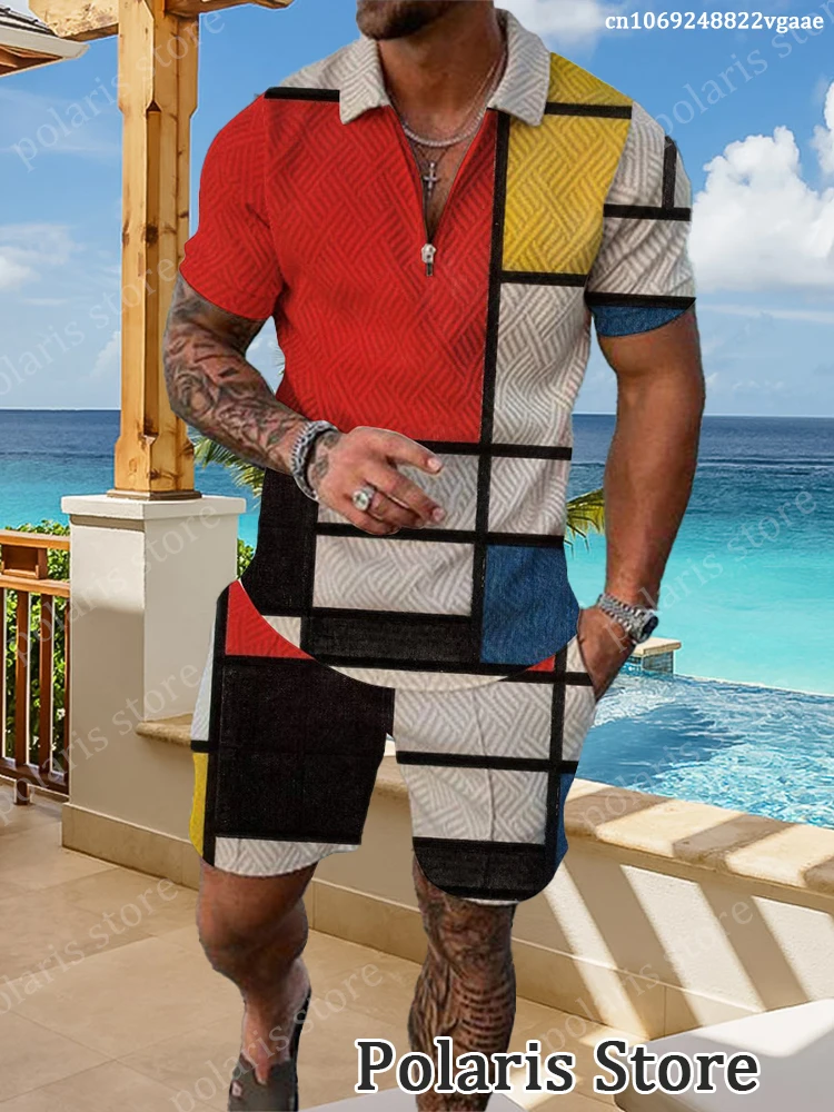 Geometric Print Polo Shirt For Men Set 2 Piece Outfits Casual Fashion Tracksuit Outfits Short Sleeve Zipper Golf Shirts Shorts