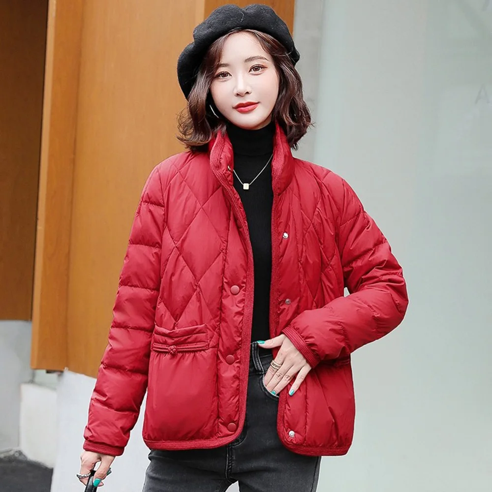 New Women Down Jacket Winter Casual Fashion Stand Collar Long Sleeve Loose Short White Duck Down Coat Warm Mother Outerwear