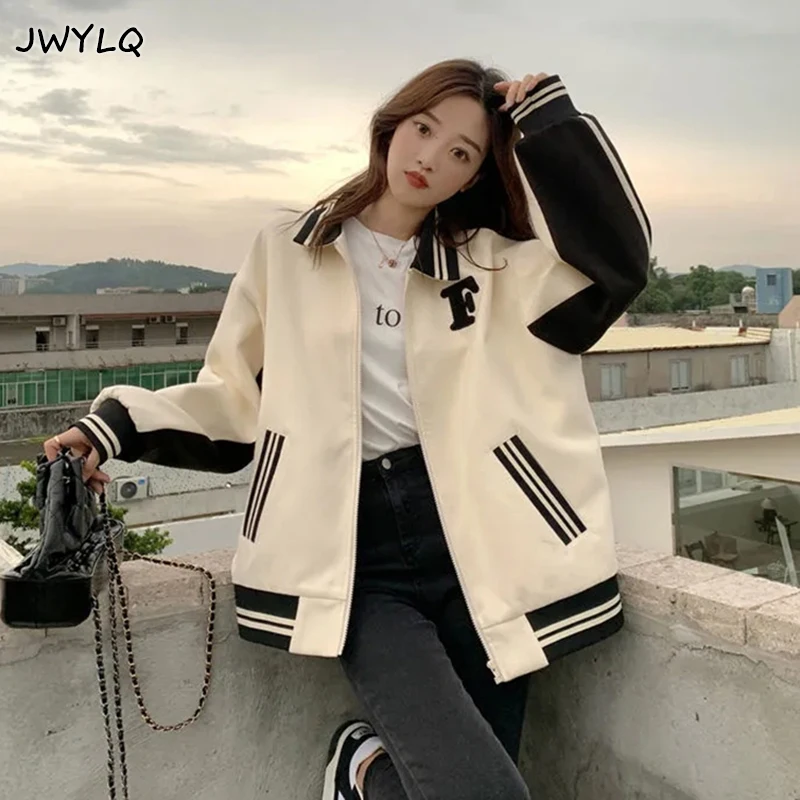 

Spring Autumn Polo Collar Stripe Baseball Uniform Coat Women Fashion Loose Preppy Style Women Clothing Casual Oversized Jackets