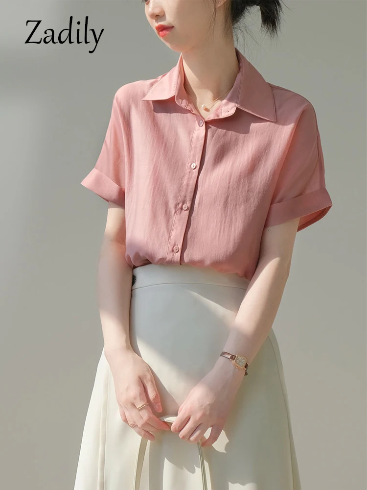 

Zadily 2022 Summer Minimalist Sytle Short Sleeve Chiffon Shirt Women Korean Style Button Up Blouse Tunic Female Clothing Tops