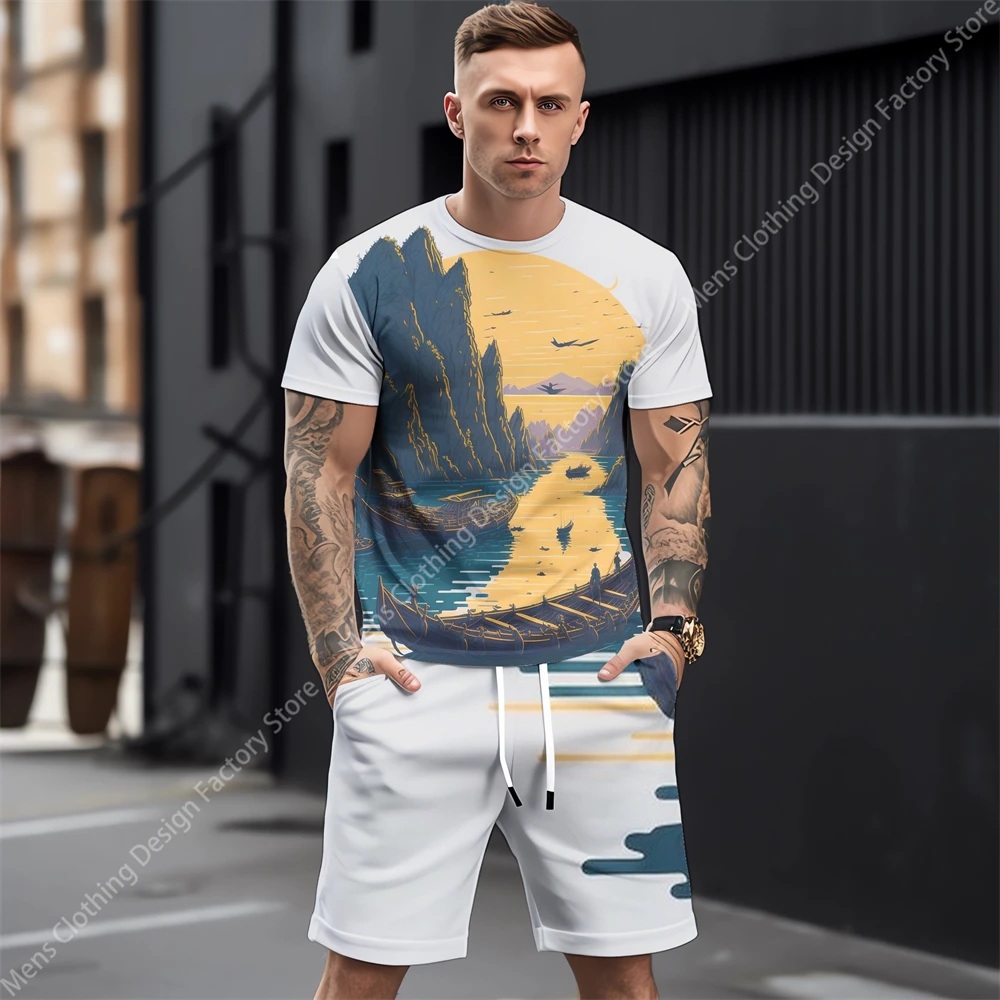 2023 New Tracksuit Men Summer Casual Short Sleeve T-shirt+Shorts Men's Sweat-Shirt Set Fashion 3D Print Streetwear Men Clothing