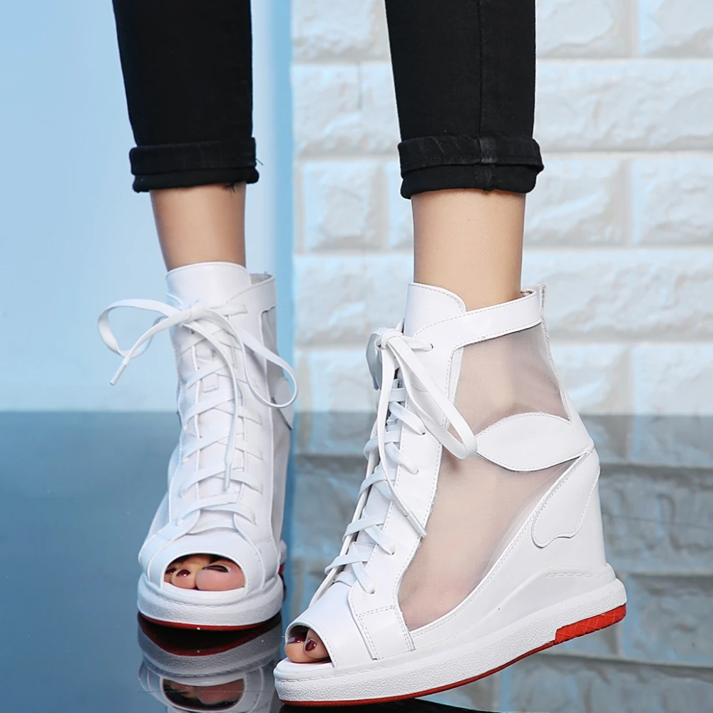 

Summer Pumps Women Lace Up Genuine Leather Wedges High Heel Ankle Boots Female High Top Peep Toe Fashion Sneakers Casual Shoes