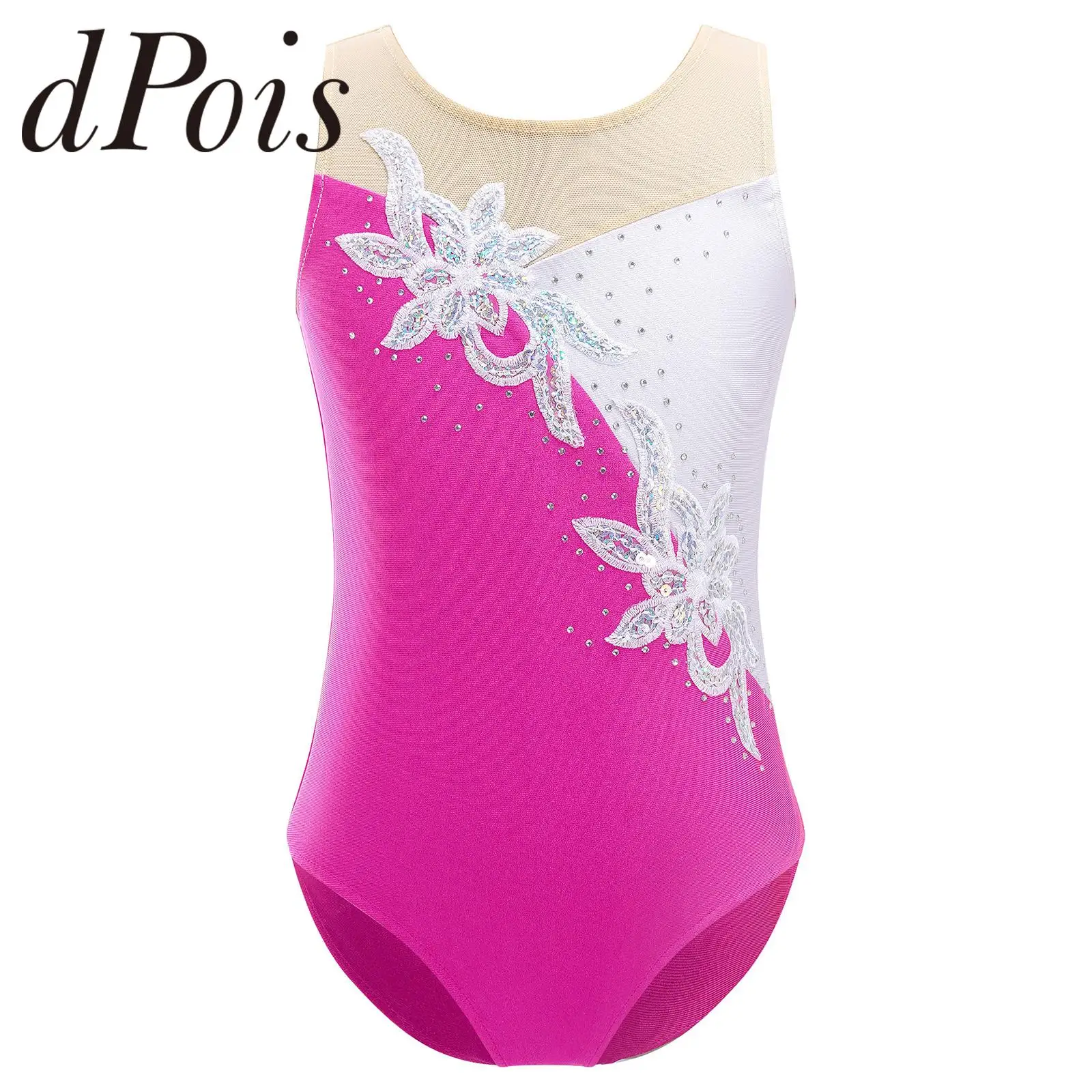 

Gymnastics Leotard Kids Girls Mesh Splice Sequins Ballet Dance Leotards Bodysuit Childs Ice Figure Skating Dancing Jumpsuit