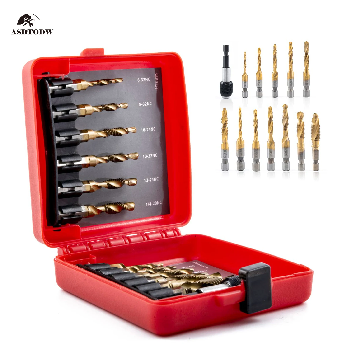 

13 PC SAE/Metric Screw Taps,Crane Drill Bits 1/4 Inch Hex Shank Manual HSS Titanium Coated Taps Drill Bits Thread Tool