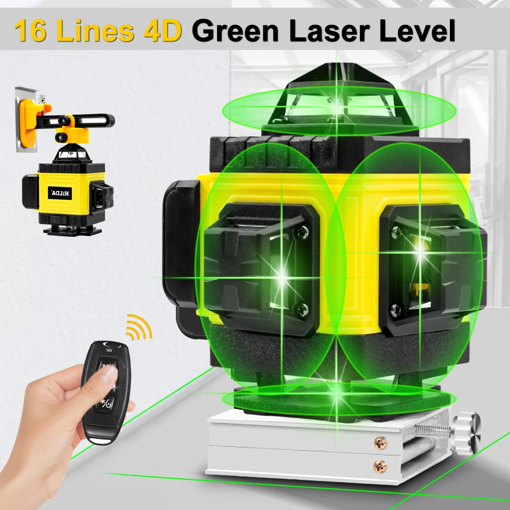 16 Lines 4D Green Laser Level Self-Leveling 360° Horizontal and Vertical Cross Lines Remote Control Laser Level EU Plug