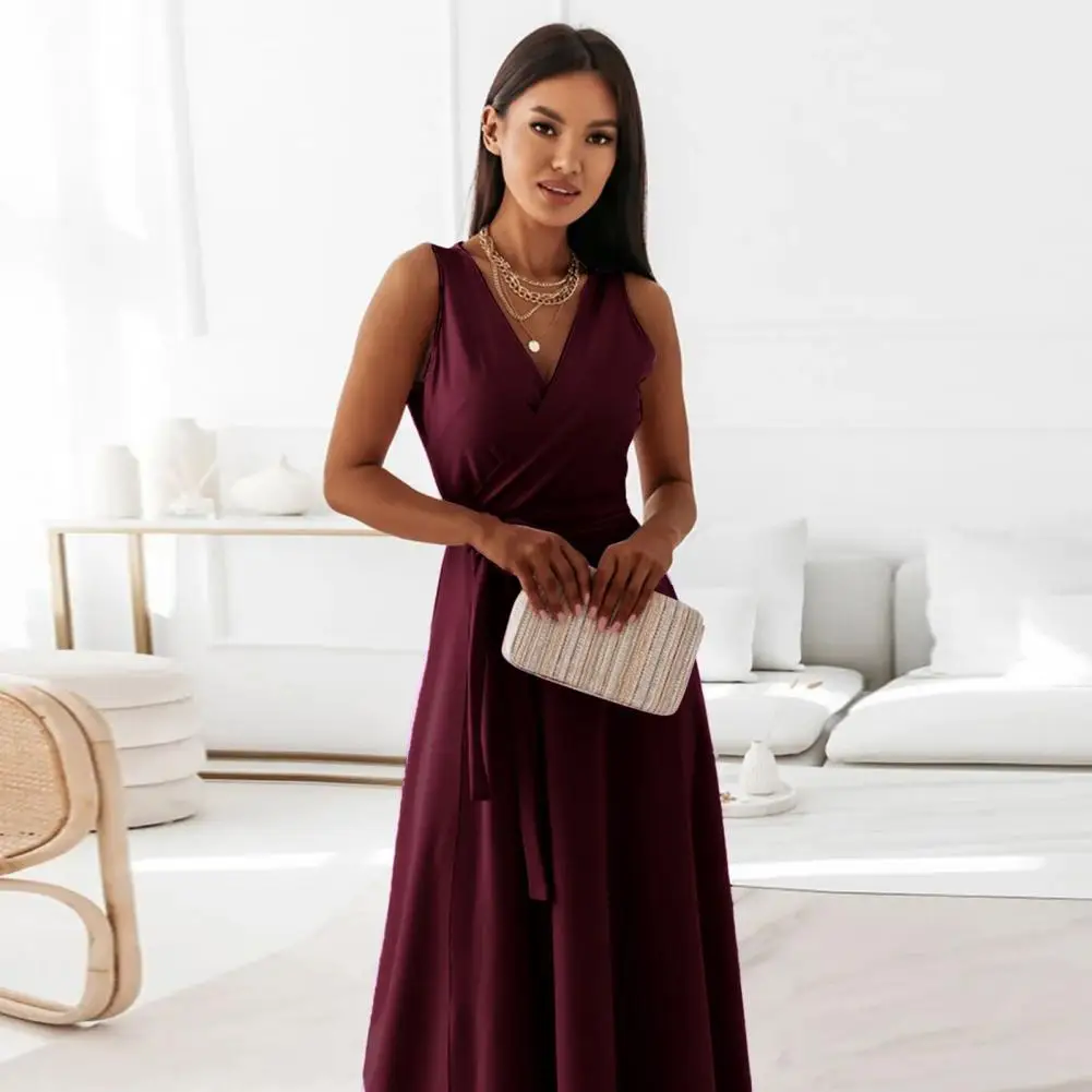 

Gown Long Dress Elegant V-neck Maxi Party Dress with Lace-up Waist Loose Hem Summer Solid Color Slim Fit Gown for Women Waist