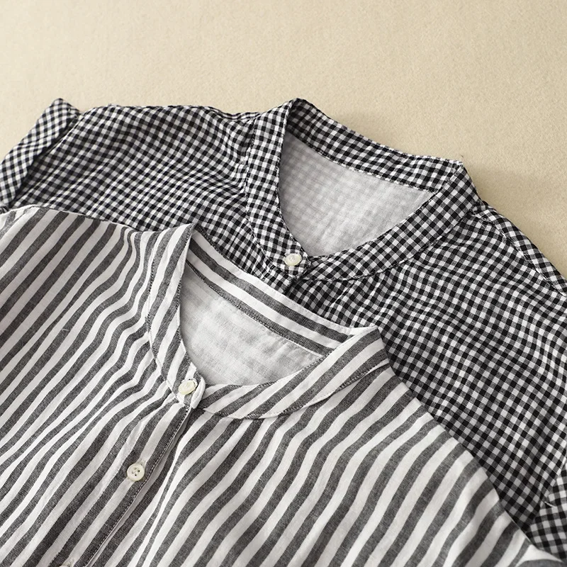 Хлопковая рубашка без рукавов в полоску с художественным воротником женская