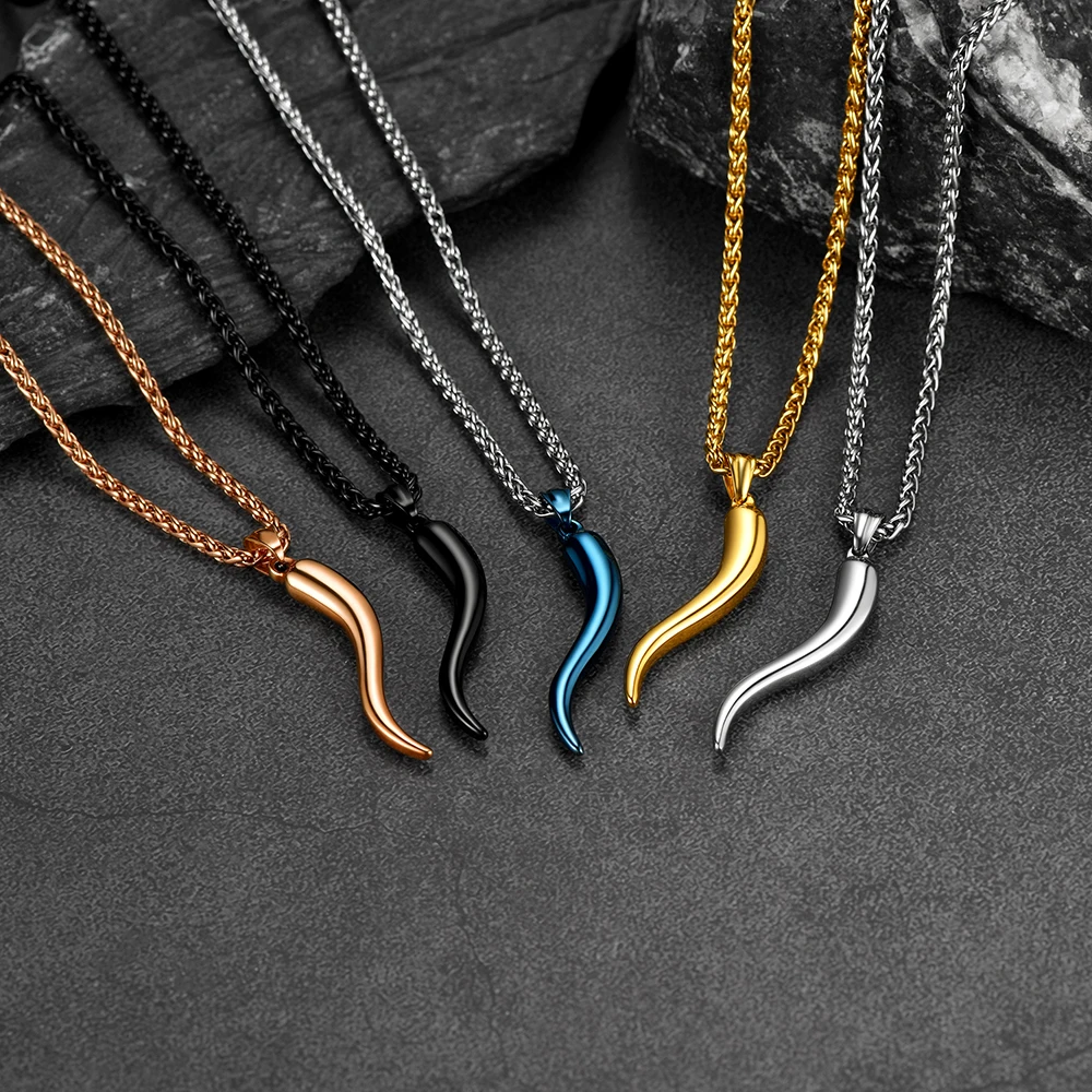 

ChainsPro Italian Horn Necklace Cornetto Gold Color Cornuto Jewelry Blue Black Stainless Steel The Cornicello Protection Pendant