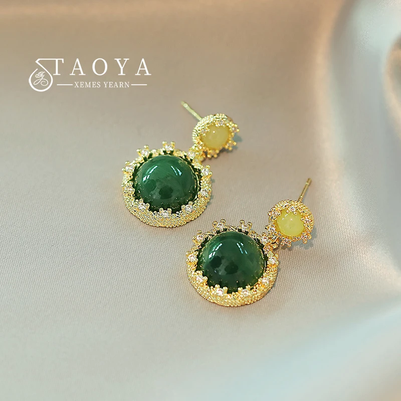 

French Vintage Green Round Pendant Earrings Slightly Set with Zircon Fine Jewelry Fashion Accessories for Women at Wedding Party