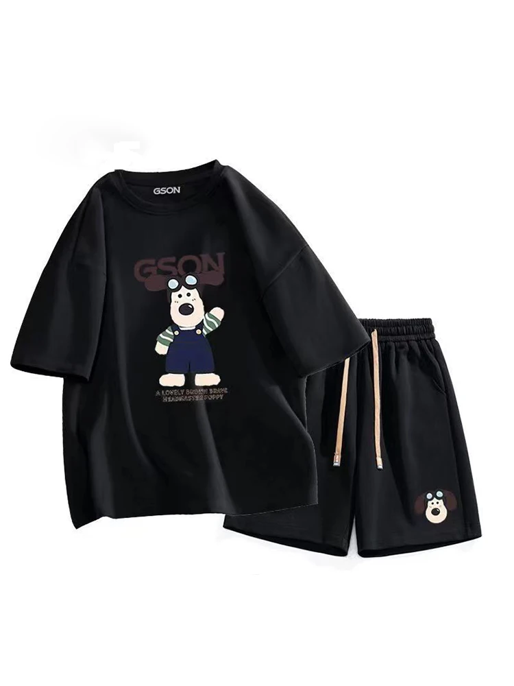 2023 New Men Women 100% Cotton Summer Suit Short Sleeve American Style Printing Master Dog T-Shirt Oversized Leisure Shorts Tee