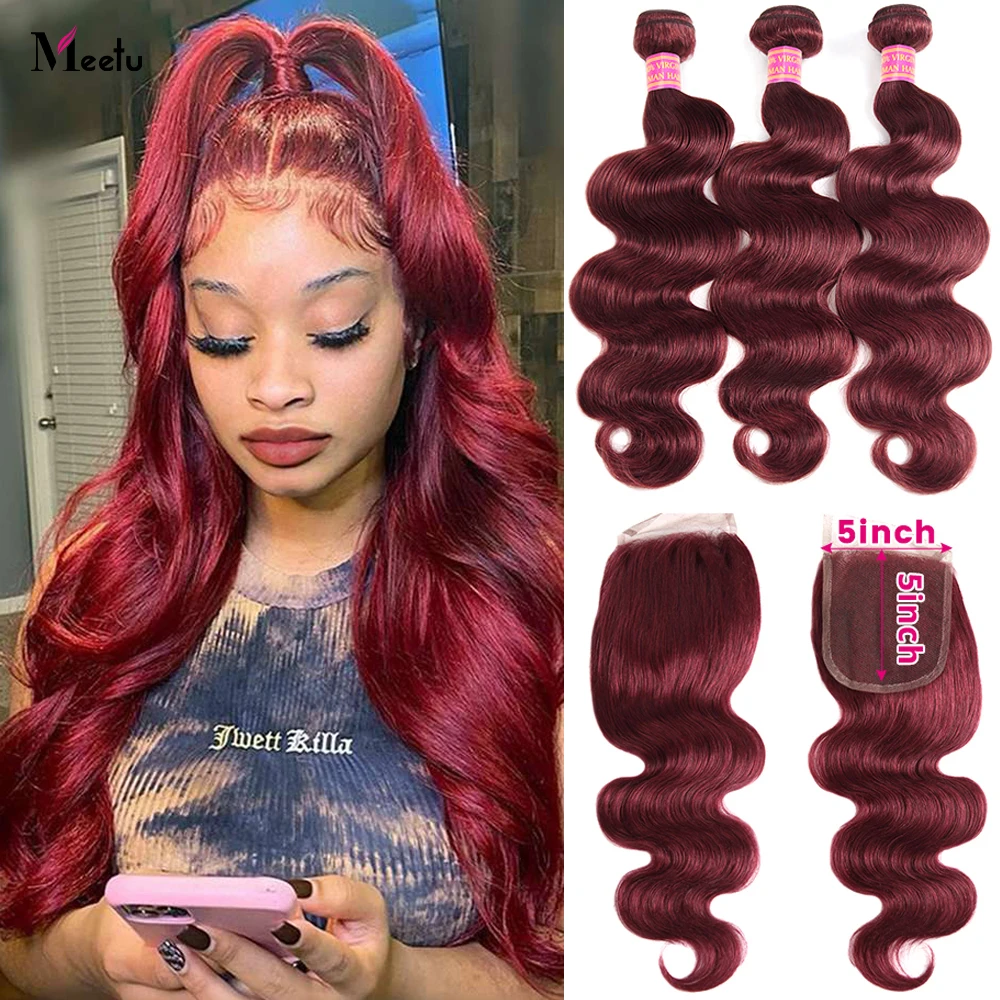 99j Burgundy Bundles With Closure Colored Human Hair Bundles With Closure 5x5 Inch Body Wave Bundles With Closure Pre Plucked