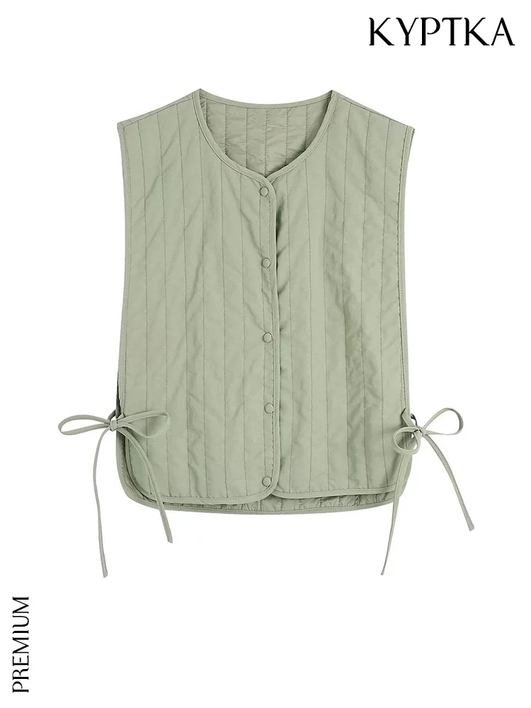 

KYPTKA Women Fashion With Side Ties Thin Padded Waistcoat Vintage Sleeveless Snap Buttons Female Outerwear Chic Tops