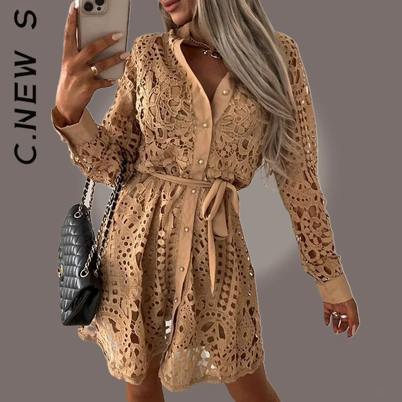 

C.New S Women Fashion Dress Turn-down Collar Soid Party Dress Ruffle Beach Dresses Streetwear Chic Soft Dress Woman Vestidos