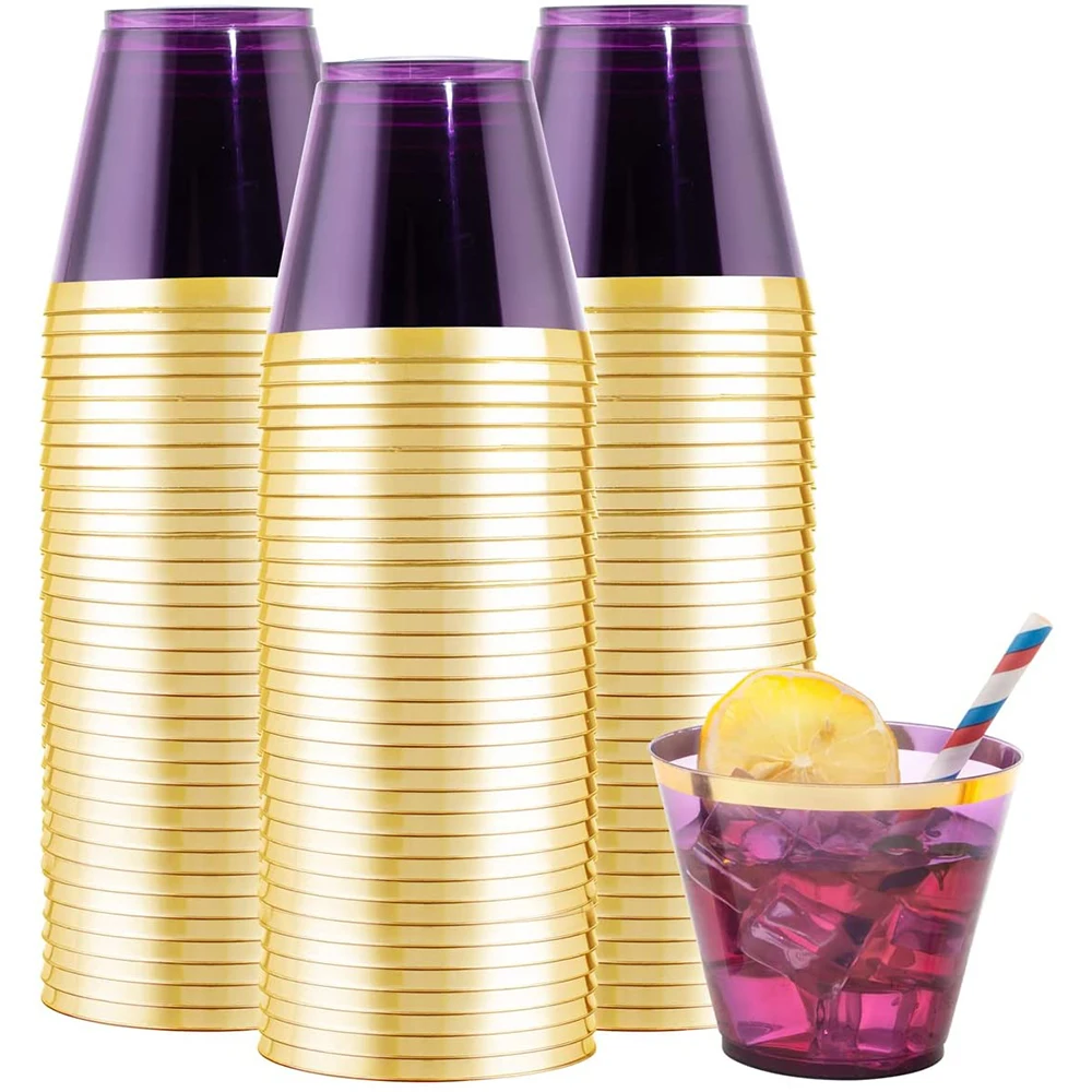 

9 Cup Hard Plastic Gold Wine Purple Mousse Transparent Cup Wine Cup Wedding Disposable Blue Rim Cup Plastic Oz Party Cup