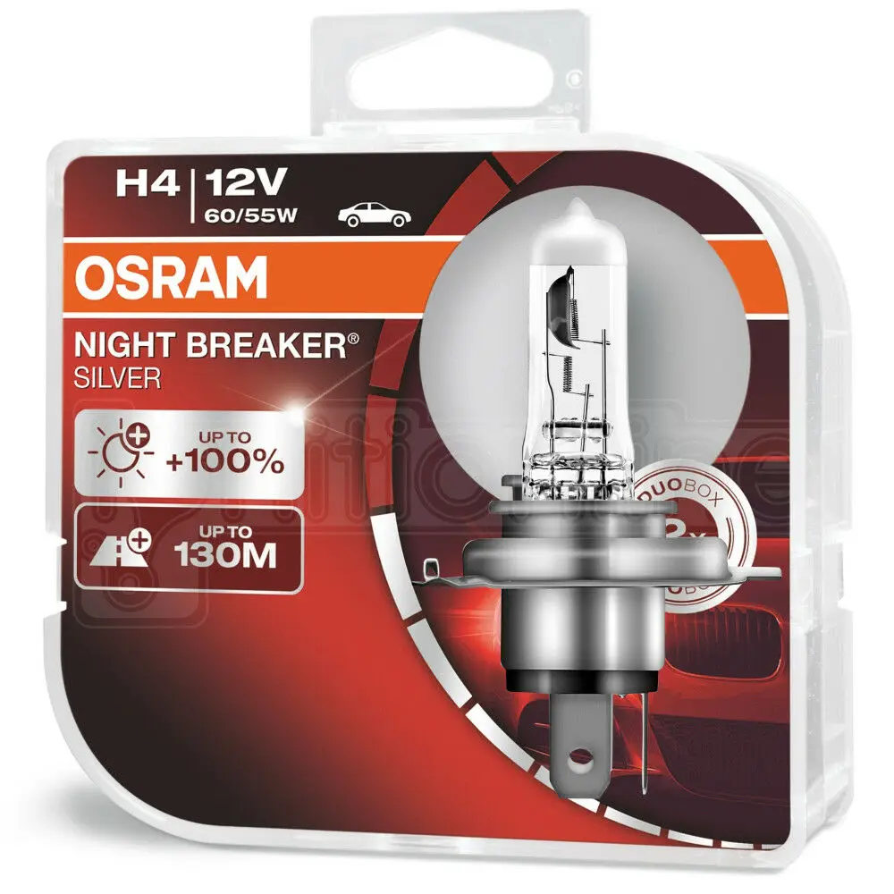 

OSRAM H4 472 12V 60/55W Night Breaker Silver +100% Car Headlight Bulbs Twin Pack