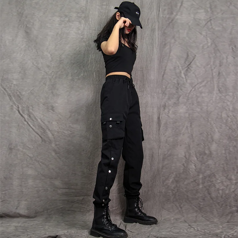 Брюки-карго Женские повседневные модные штаны на завязках однотонные черные