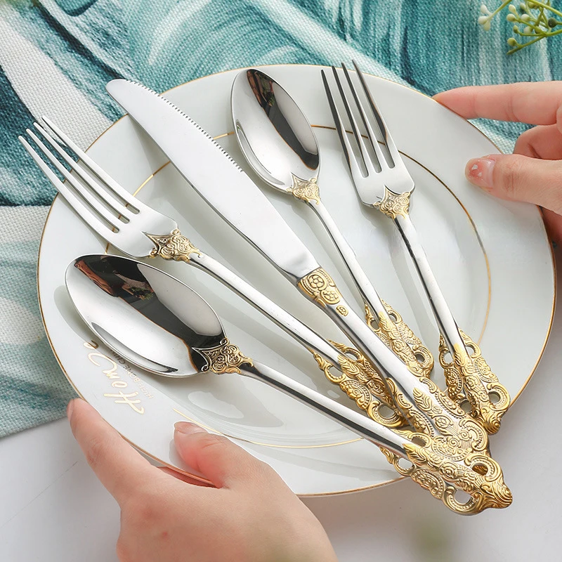 

4pcs Bright Gold Dinnerware Set Stainless Steel Tableware Knife Tea Fork Coffee Spoon Flatware Dishwasher Safe Kitchen Tablewar