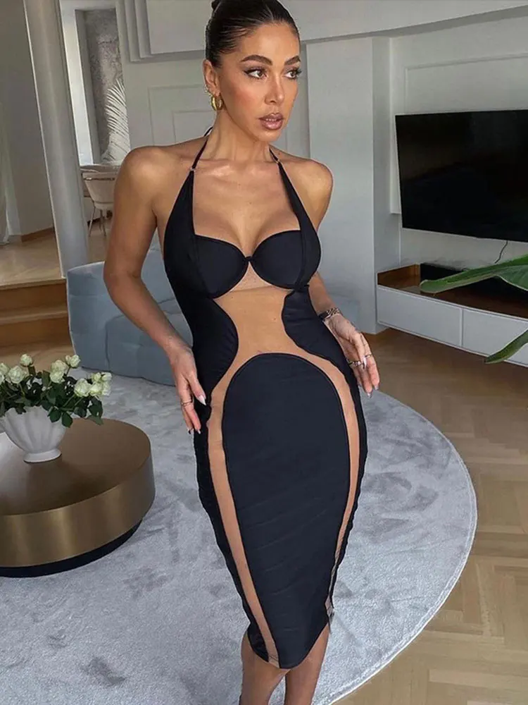 

Women's Fashion Dress Sexy Halter Summer Midi Dresses Clothes for Women Hollow Out Bodycon Party Robes Backless Belt Vestido