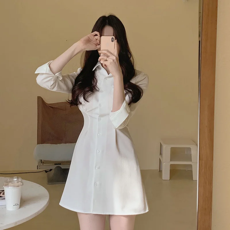 

COIGARSAM Dresses Women 2022 Spring New Solid Long Sleeve White Dress Dropshipping