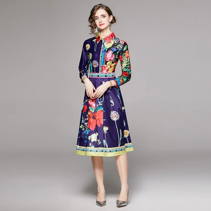 Элегантное осеннее платье с длинным рукавом и цветочным принтом