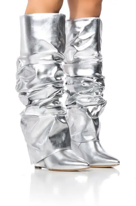 

Fold Mid-calf Boots Point Toe Zapatos Para Mujeres Wedge Women Shoes Designer Combat Botines Patent Leather Bota Feminina Punk